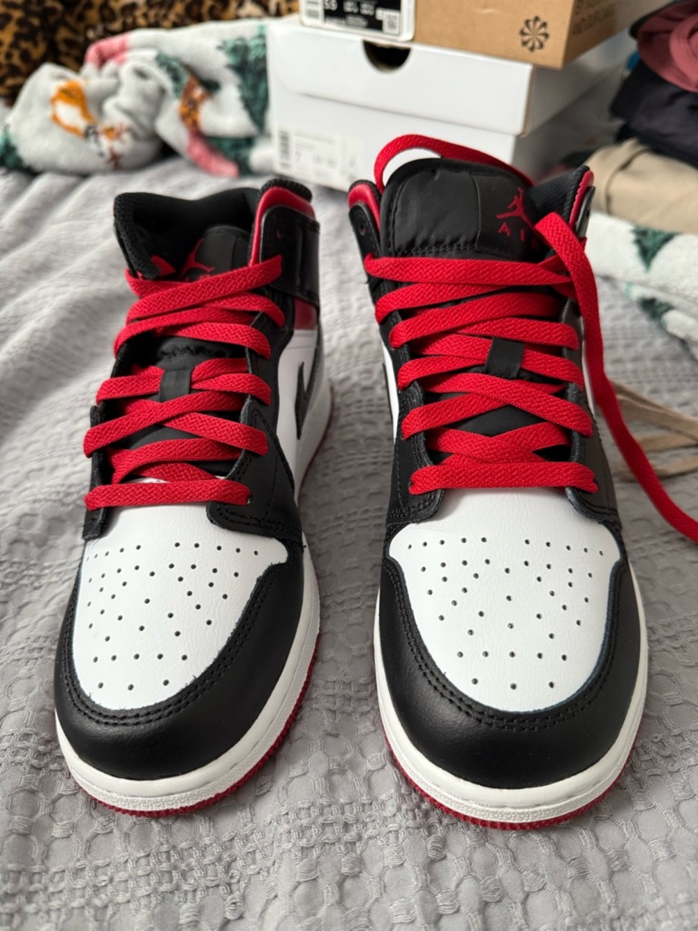 Nike Air Jordan 1 Mid White Black Red Sneakers - Picture 5 of 8